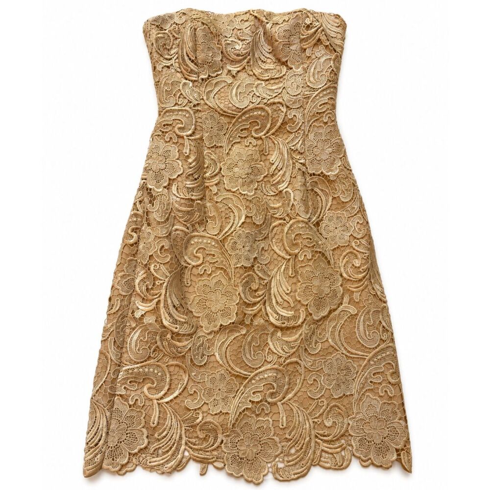 Adrianna Papell Gold Metallic Lace Mini Dress Strapless Sheath Womens